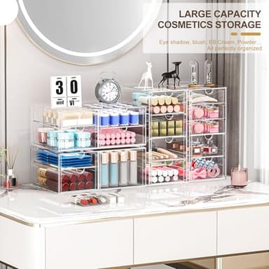 caktraie Makeup Organizer Storage With 16 Drawers, 4 Pcs Desktop Office Supplies, Desk Organizers, Clear Accessories, Dustproof Drawer and for Make Up, Jewelry, Pen, Stationary - Image 2