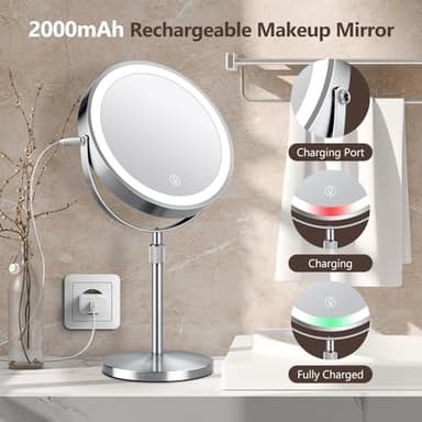 10x Large Lighted Makeup Mirror, Rechargeable 8" Height Adjustable Vanity Mirror, 1x/10x Magnifying Mirror with 3 Color, Brightness Adjustable, 360° Rotation Double Sided Mirror, Gift for Her(Nickel) - Image 6