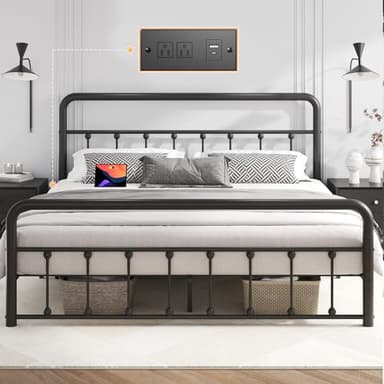 Fluest 14 Inch Queen Bed Frame Classic Metal Platform Bed Frame with Charging Station & LED, Victorian Style Iron-Art Headboard/Footboard, Under Bed Storage, No Box Spring Needed, Noise Free - Image 3