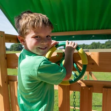 Backyard Discovery Mount Mckinley Cedar Wood Swing Set with Wave Slide, Play Deck, Double Rock Wall, Rope Ladder, Web Swing, Belt Swings, Toy Telescope, Steering Wheel, Sandbox Area, Outdoor Playset - Image 9