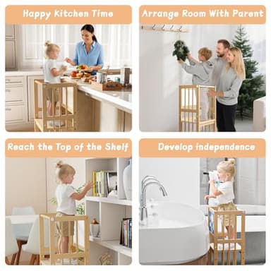Toddler Tower, Kids Kitchen Step Stool with Safety Rails, Toddler Standing Tower Adjustable Height, Wooden Kitchen Stool for Kids, for Living Room Countertops and Bathroom Sinks(Natural) - Image 5