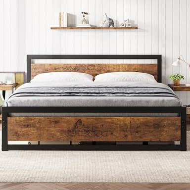 GarveeHome King Size Bed Frame, Industrial King Bed Platform with Headboard No Box Spring Needed, 14 Inch Easy Assemble King Mattress Bedframe, Retro Brown - Image 1