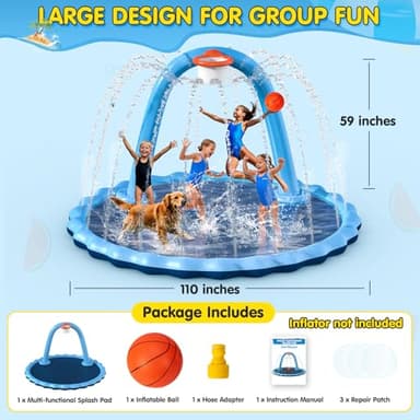 Hipsignal 110" Splash Pad for Kids & Dogs, 2-in-1 Large Sprinkler Water Toys with Basketball Hoop Arch, Thickened Pool Mat Toys for Backyard & Garden Outdoor Summer Fun Ages 4-12 - Image 6