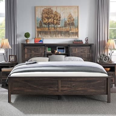 T4TREAM Farmhouse King Size Bed Frame w/Storage Bookcase Headboard, Sliding Barn Door, Charging Station, Rustic Wood Platform Bed w/Wood Slats Support, No Box Spring Needed, Dark Rustic Oak - Image 6