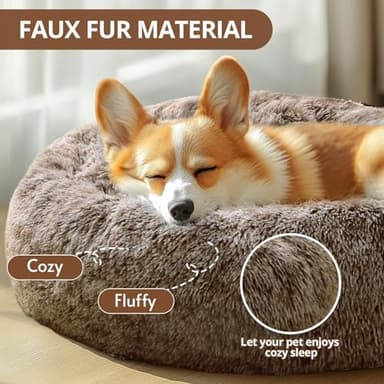 JOLLYVOGUE Large Calming Dog Bed, Anti-Anxiety Donut Cuddler Cat Bed with Anti-Slip Bottom, Fluffy Faux Fur Machine Washable Pet Cushion for Medium Large Dog & Cat, 36"/Smoke Brown - Image 2