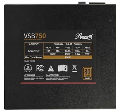 Rosewill VSB 750W 80+ Bronze, ATX 3.0 & 3.1 Compatible, Semi-Modular Power Supply, PCIe 5.1 12V-2x6 Connector, 105°C/221°F Japanese Capacitor, 120mm ICB Silent Fan - 5 Year Warranty - Image 7