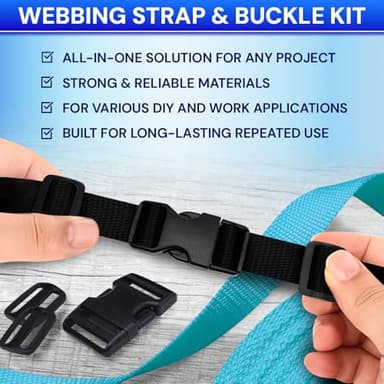 TECEUM Buckles & Strap Kit – 1" Black Nylon Webbing 6 (yd) – 6 Heavy Duty Adjustable Plastic Buckles – 12 Tri-Glide Slide Clips – 6 Metal D-Ring – Ideal Straps for Arts Crafts Outdoors Indoors DIY - Image 2