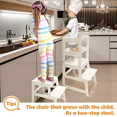 Kitchen Step Stool for Toddlers with Non-Slip Mat, WOOD CITY Wooden Kids Montessori Learning Stool Tower, Toddler Standing Tower Helper for Kitchen Counter and Bathroom Sink(White) - Image 5