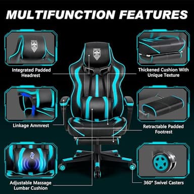 Vonesse Gaming Chairs for Adults, Gaming Chairs with Footrest and Massage, Reclining Computer Chair for Heavy People,Big and Tall Ergonomic Gamer Chair with Lumbar Pillow(Teal/Cyan) - Image 6