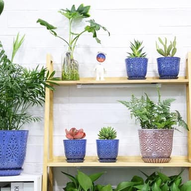 Gepege Succulent Pots, 4 Inch Small Indoor Ceramic Planter Pot with Drainage Holes and Saucers for Plants- Blue - Set of 4 - Image 6