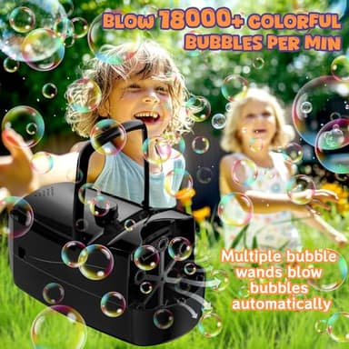 Bubble Machine, Automatic 18000+ Per Minute Big Bubbles Blower Maker for Kids Toddlers with 2 Speeds,6 Wands,Operated by Plugin or Batteries for Outdoor/Indoor Birthday Parties,Wedding (Black) - Image 2