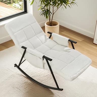 VECELO High Back Nursery Rocking Chair with Foot Rest, Teddy Upholstered Reclining Glider Rocker, Comfy Armchair Padded Seat Removable Side Pockets for Living Room, Bedroom, Balcony, White - Image 1