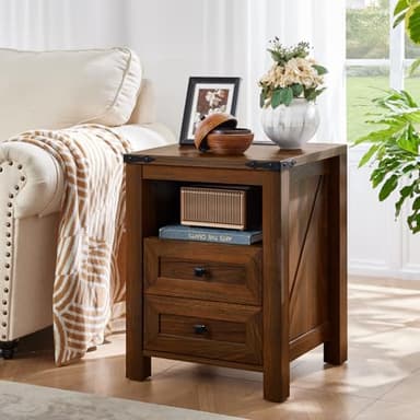 Joaxswe Nightstands Set of 2 with Charging Station, Farmhouse Side End Table with 2 Drawers and Open Shelf, Wood Rustic Sofa Table, Bedside Cabinet for Bedroom, Living Room, Closet, Office(Brown) - Image 8