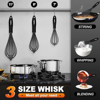 Walfos Silicone Whisk,Stainless Steel Wire Whisk Set of 3 -Heat Resistant 480°F Kitchen Whisks for Non-stick Cookware,Balloon Egg Beater Perfect for Blending,Whisking,Beating,Frothing & Stirring,Black - Image 5