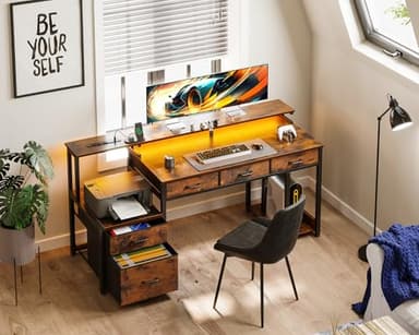 AODK 55 Inch Computer Desk with 3 Drawers and File Cabinet for Storage, Office Desk with Monitor Stand and LED Lights, Home Office Desks, Vintage - Image 2