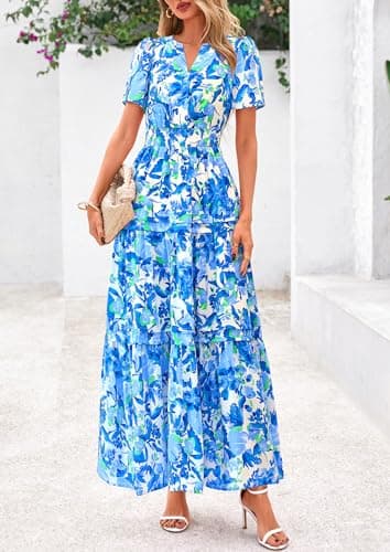 PRETTYGARDEN Women's 2025 Summer Boho Maxi Dresses Floral Short Sleeve V Neck A Line Tiered Flowy Long Beach Vacation Dress (Floral Blue,Large) - Image 3