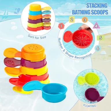 Bath Toys, 11PCS | Mold Free Baby Bath Toys for Toddlers with Bath Boats | Countable Spoons with Number | Easy-Grip, Floating and Drain Water | Color Recognition & Stacking Skill | Baby Water Pool Toy - Image 5
