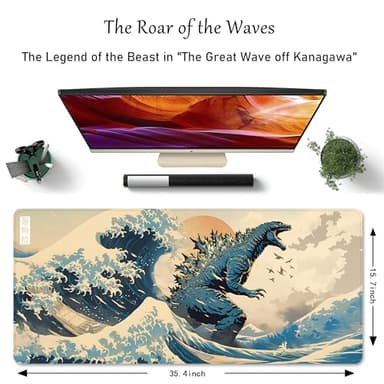 ProbTis Japanese Mouse Pad, Kanagawa Great Wave Mouse Pad, XXL Anime Gaming Keyboard Mat, Stitched Edges Rubber Base, XXL Big Extended Desk Protector for Home Office, 35.4”x15.7” (Sea Wave - Monster) - Image 6