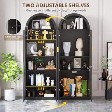 Dystler Display Cabinet with Doors and Adjustable Shelves, 76" Tall Display Case with LED Lights/Arch Storage Space, 6 Tier Bookcase for Collectibles Bedroom Living Room Office, Black - Image 5
