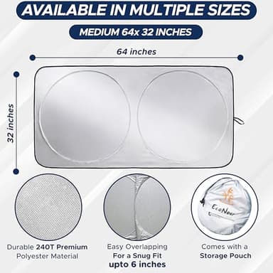 EcoNour Patented Design Car Windshield Sun Shade | Blocks 99% Heat & Keeps Interior Cool | Fits Cars, SUVs, Trucks | Automotive Sun Screen, Visor & Car Accessories for Summer | Medium (64x32 Inches) - Image 6