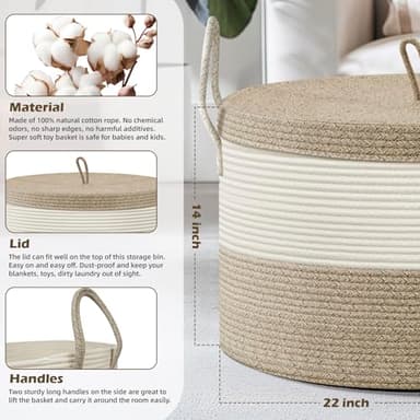 Noonkty Blanket Basket with Lid - Large Toy Basket for Baby 21.7" x 13.8" Woven Baskets Blanket Storage for Living Room Bedroom, Cotton Rope Laundry Baskets for Towels Pillow, White & Brown - Image 2
