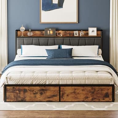 LIKIMIO California King Bed Frame with 4 Storage Drawers, Platform Bed with Charged Headboard, Sturdy and Stable, No Noise, No Box Spring Needed, Easy to Install, Vintage Brown and Gray - Image 9