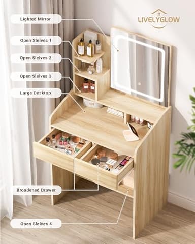 LIVELYGLOW Small Makeup Vanity Desk with Lighted Mirror, Wooden, 23.62" W x 15.74" D x 53.93" H (Smart LED Mirror, Open Shelves, 2 Drawers) - Image 2