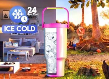 Meoky 32 oz Tumbler with Handle, Tumbler with Lid and Straw, Stainless Steel Travel Mug, 100% Leak Proof, Keeps Cold for 24 Hours, Fits in Car Cup Holder (Carnival) - Image 2