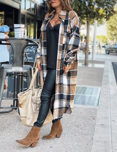 SKIKYAN Women Fall Flannel Plaid Shacket Jacket Oversized Button Down Long Shirt Jacket (Brown, Large) - Image 3