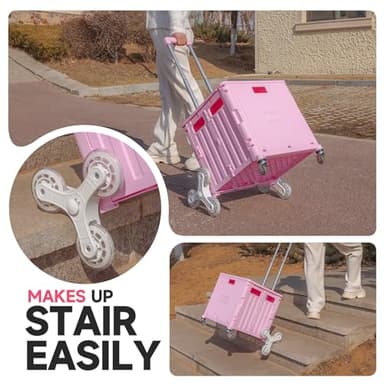 Foldable Rolling Cart for Stair Climbing: Rolling Crate for Grocery File Office Book (Pink) - Image 2