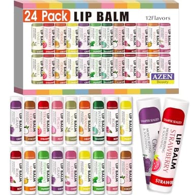 AZEN 24 Pack Lip Balm, Natural Lip Balm Bulk, Lip Care Product, Moisturizing Lip Balms for dry cracked lips - 12 Flavors - Image 1