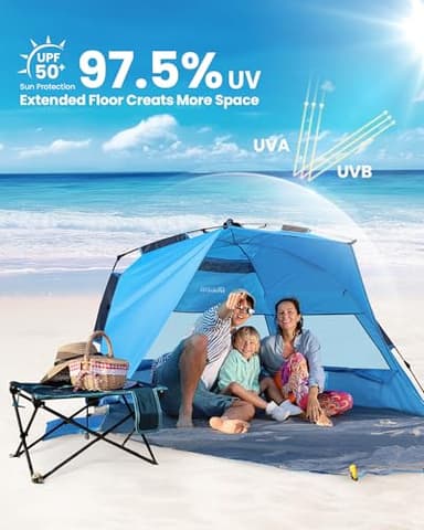 OutdoorMaster Pop Up Beach Tent for 4 Person - Easy Setup and Portable Beach Shade Sun Shelter Canopy with UPF 50+ UV Protection Removable Skylight Family Size - Blue - Image 2