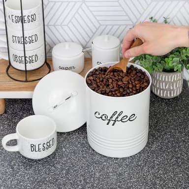 AuldHome Design Enamelware White Coffee Canister; Rustic Distressed Style Tea Storage for Kitchen - Image 3