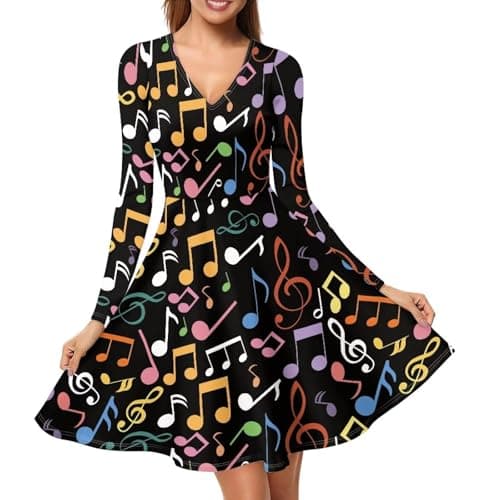 QUJUFOZY Colored Music Fun Teacher Dresses Flowy Short Dress Women Long Sleeves Printed Dress Vintage Style A-Line Party Dresses Preppy Clothes Dresses for Women Short -L - Image 1