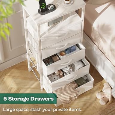 Huuger White Dresser with 5 Drawers & Charging Station, Tall Dresser for Bedroom, Tall Night Stand with PU Leather Finish, Open Shelf, Nightstand for Bedroom, Closet, Hallway, Entryway - Image 6