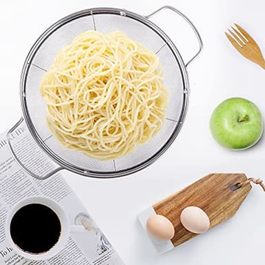 3 Pack 18/8 Stainless Steel Colander Sieves(5-Quart, 4-Quart and 3-Quart), Mesh Strainer Net Baskets with Handles & Resting Base for Strain, Drain, Rinse or Steam - Image 7