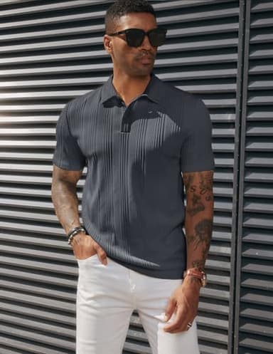 PJ PAUL JONES Mens Polo Shirts Short Sleeve Textured Golf Polo Shirts Dark Grey - Image 3