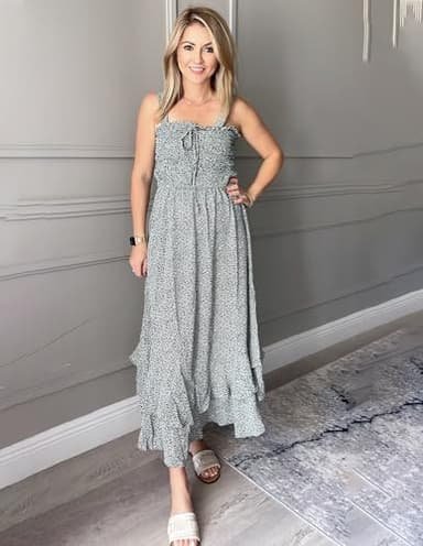 GRACE KARIN Women's 2025 Summer Floral Boho Dress Square Neck Strapped Swing A Line Sundress Beach Long Maxi OutfitsBlack L - Image 5