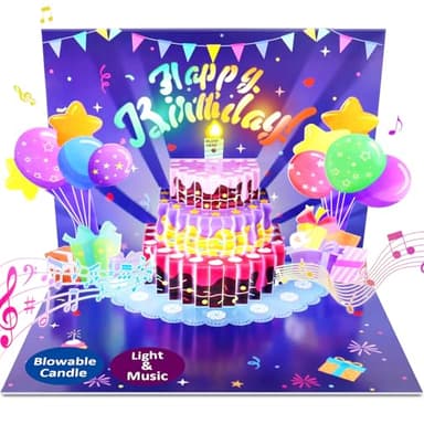 FITMITE Birthday Cards, Musical Pop Up Birthday Cards with Light, Blow Out LED Light Candle and Play Happy Birthday Music Pop Up Card, Birthday Gifts for Women Men Husband Wife Kids Greeting Cards - Image 1