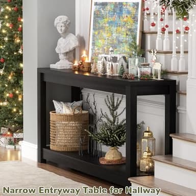 Besiost 47" Farmhouse Wood Entryway Table Narrow Console Table with Storage Behind Couch Sofa Table with Shelves for Entry Way with Open Storage, Easy Assembly, Embossed Wood Grain Black - Image 4