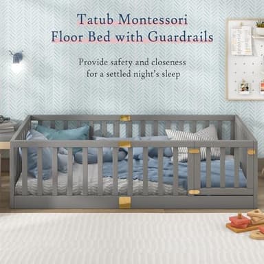 Tatub Twin Montessori Floor Bed with High Rails, Solid Wood Montessori Bed Frame for Kids, Door Can Install Left and Right, Twin-Grey - Image 3