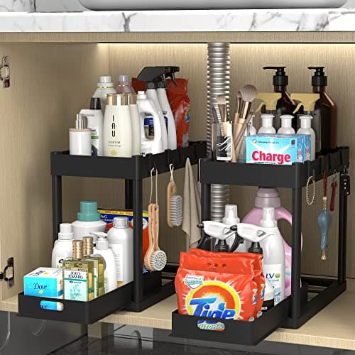 POUGNY 2PC Under Sink Organizer Rack 2 Tier Under Sliding Cabinet Basket Organizer Drawer with 4 Hooks, Multi-purpose Under Sink Storage for Bathroom Kitchen Desktop（Black） - Image 1