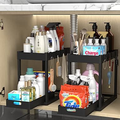 POUGNY 2PC Under Sink Organizer Rack 2 Tier Under Sliding Cabinet Basket Organizer Drawer with 4 Hooks, Multi-purpose Under Sink Storage for Bathroom Kitchen Desktop（Black） - Image 1