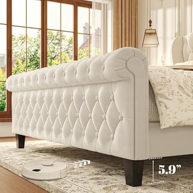 HISOFT Queen Bed Frame, 39" Tall Velvet Upholstered Sleigh Bed with Wingback Headboard & Scroll Footboard, No Box Spring Needed, Sturdy Support, Easy Assembly, Noise Free, Button Tufted, White - Image 6