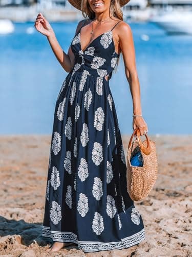 CUPSHE Summer Dress for Women Beach Paisley V Neck Sleeveless Cutout Casual Long Boho Maxi Formal Dress Navy Blue, L - Image 4
