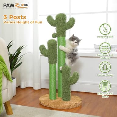 PAWZ Road Cat Scratching Post Cactus Cat Scratcher Featuring with 3 Scratching Poles and Interactive Dangling Ball - 35 Inches - Image 3