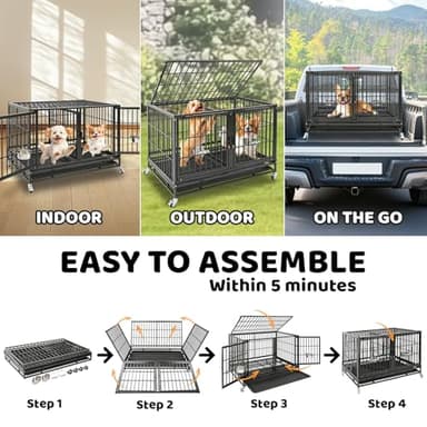 Homey Pet 43 Inch Dog Crate, Heavy Duty Stackable Dog Crate Cage Kennel for Medium Dogs with Divider, Bowls, 3 Door, Removable Grid & Tray, 4 Lockable Wheels, Breeding & Grooming Drop Cages for Dogs - Image 5