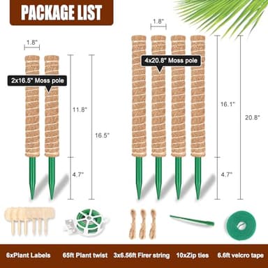 KintKita Large Moss Pole Monstera Plant Support Stakes 116 Inch,4 PCS 20.8 Inch & 2 PCS 16.5 Inch Moss Poles for Plants,Plant Poles for Climbing Plants,Coco Coir Pole for Indoor Plant Grow Upwards - Image 7