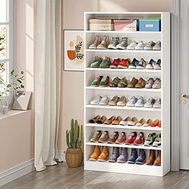 Tribesigns Shoe Cabinet, 9 Tiers 40-45 Pairs Heavy Duty Wood Freestanding Shoe Storage Cabinet, 70.8'' Tall Shoe Cabinet with Open Storage for Entryway, White - Image 3