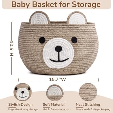 CherryNow Baby Basket for Nursery, Bear Gift Baskets for Kids, Baby Shower Basket with Handles, Small Cute Animal Baskets, Light Brown, 15.7" D x 10.5" H - Image 4